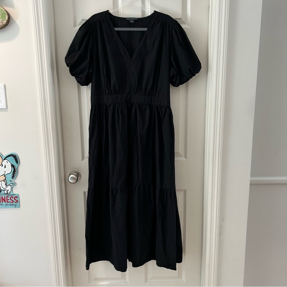 French Connection Black Poplin Puff Sleeve Tiered Midi Dress Cottagecore - Picture 2 of 8